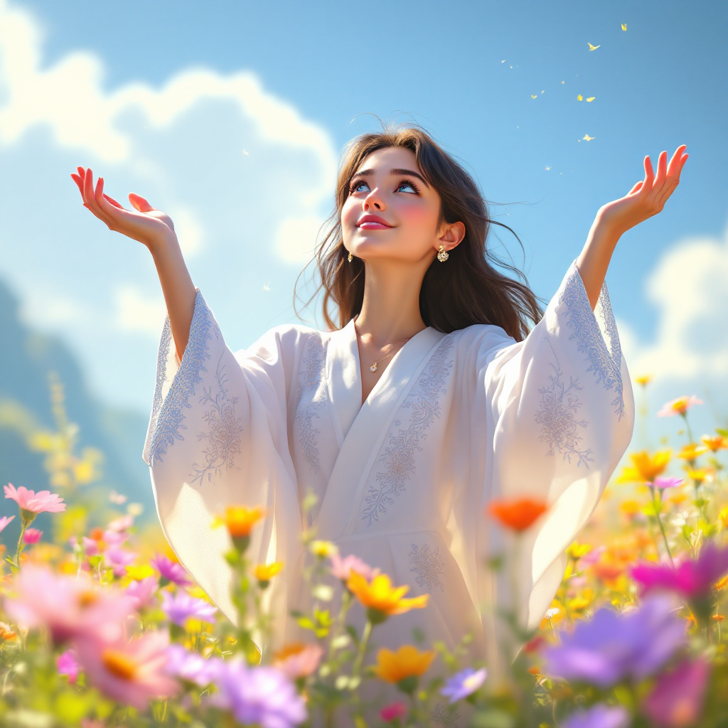 A serene young woman in a flowing white robe stands amidst vibrant flowers, arms raised to the sky, embodying the essence of acceptance and embracing the world as it is.