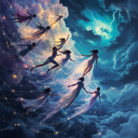 A celestial scene depicts figures in ethereal garments navigating a vibrant, stormy sky, symbolizing unity and resilience in the journey through life's challenges.