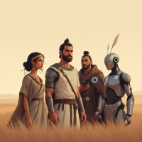 A diverse group of four figures stands in a golden landscape: two ancient warriors, a woman in traditional attire, and a futuristic robot, symbolizing the evolution of humanity over time.