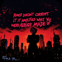 A silhouetted figure stands against a vibrant red and black city skyline, showcasing the quote, Power doesn’t corrupt. It amplifies what you were already made of, in bold, striking text.