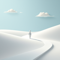 A solitary figure walks along a winding path through vast, white hills under a serene blue sky, embodying the idea that not all those who wander are lost.