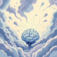 A surreal image of a brain surrounded by soft, swirling clouds, with tendrils of thought emerging, reflecting the complexity and limitations of the human mind.