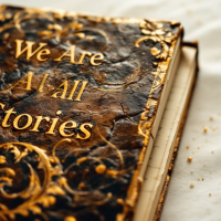 An ornate, leather-bound book lies open, its cover embossed with the quote, We Are All Stories, amidst scattered old pages, evoking the beauty of storytelling.