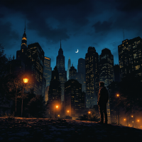 A silhouetted figure stands amid a city skyline at night, illuminated by warm streetlights and a crescent moon, evoking a sense of solitude and reflection inspired by the quote about night.