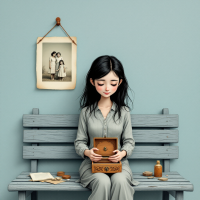 A young woman sits on a wooden bench, gently opening a small box. A faded photograph hangs on the wall, evoking a sense of nostalgia and reflection on the past.