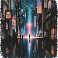 A lone figure stands on a neon-lit street in a futuristic city, illuminated by a radiant light at the end, symbolizing the journey of life and death.