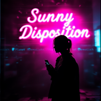 A silhouetted figure stands with a phone, illuminated by a vibrant pink neon sign reading Sunny Disposition, capturing a theme of positivity amidst chaos.