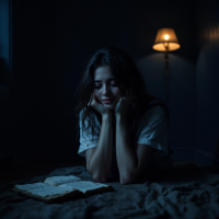 A woman sits on a bed in dim light, resting her chin on her hands, gazing at an open book. The atmosphere reflects a sense of introspection and melancholy, echoing feelings of depression.