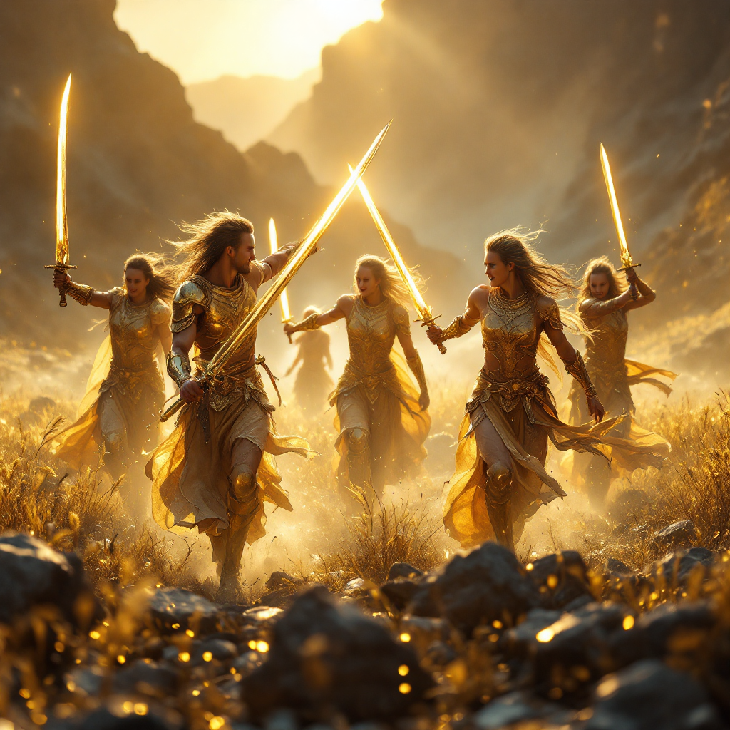 A group of four warriors in golden armor wielding swords, moving gracefully through a sunlit field, embodying a fierce yet elegant battle akin to a summer song.