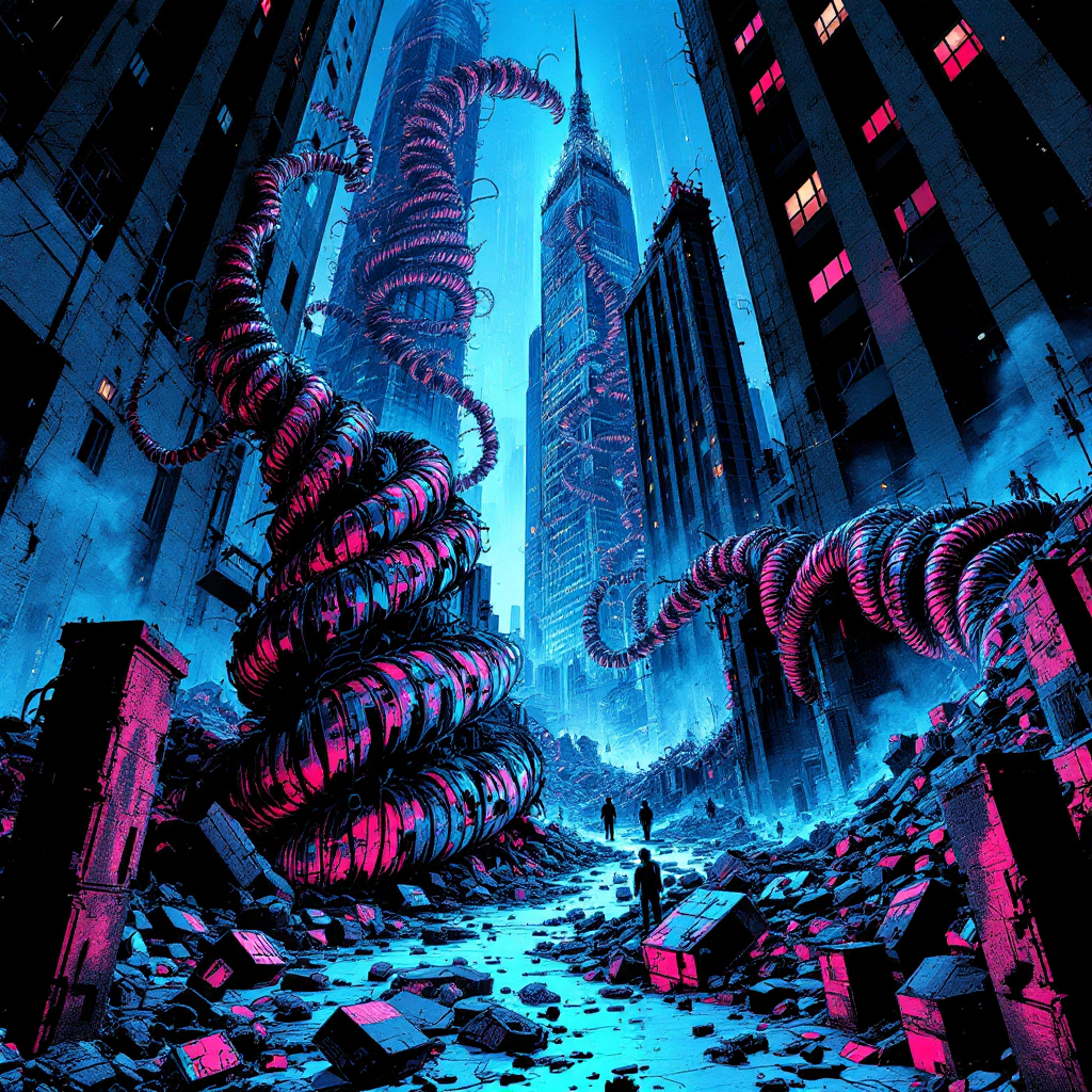 A surreal cityscape with twisted, corkscrewed structures amidst rubble, illuminated by vibrant blue and pink lights, reflecting the chaos of an Architect's immense power.