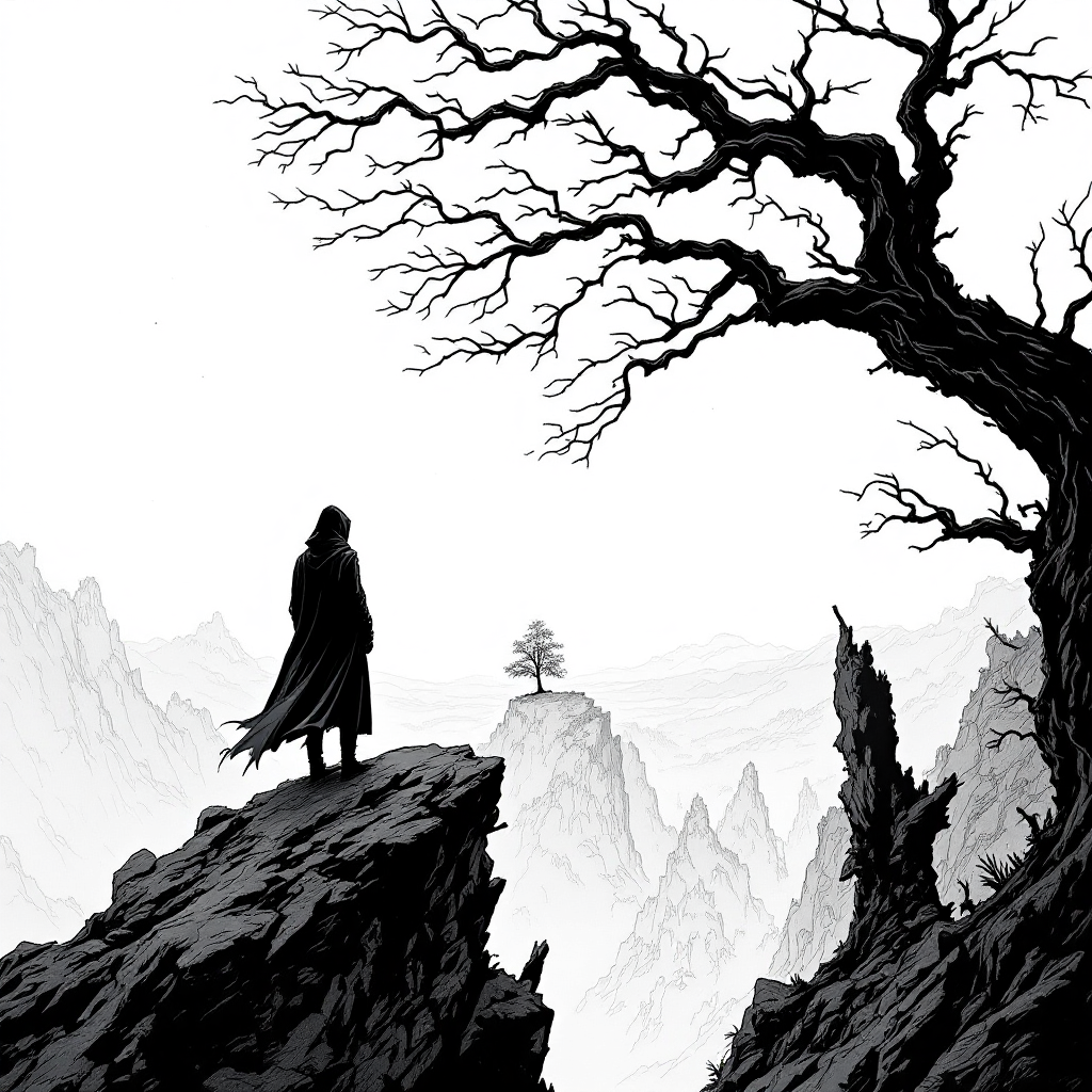 A cloaked figure stands on a cliff, gazing at a solitary tree on a distant peak, surrounded by abstract mountains and a gnarled tree, evoking themes of isolation and connection.