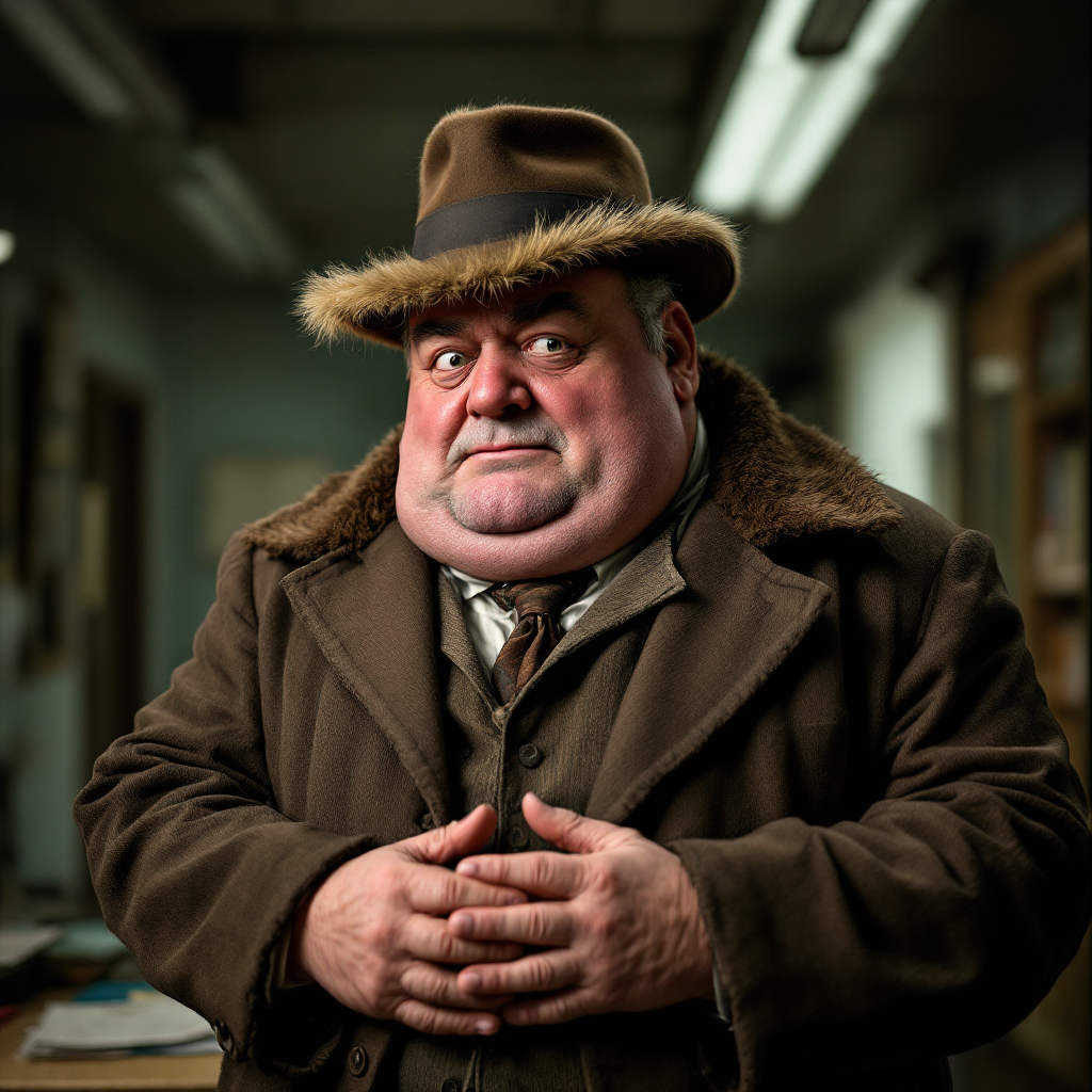 A nervous, overweight man in a shabby coat and fur hat stands with hands clasped, embodying the character's anxious demeanor and local council job.