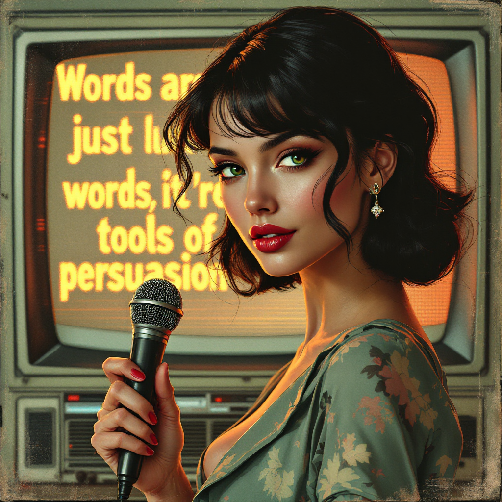 A confident woman holds a microphone in front of a vintage television displaying the quote, Words aren't just words; they are tools of persuasion, highlighting the power of speech.