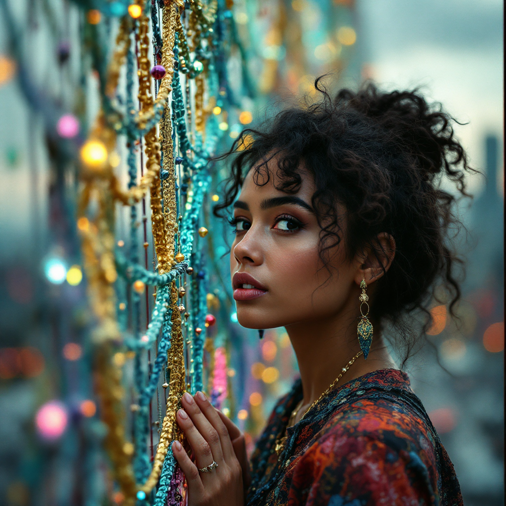 A young woman with curly hair gazes thoughtfully beside a colorful beaded curtain, embodying the essence of joy, pain, and resilience woven into our stories.