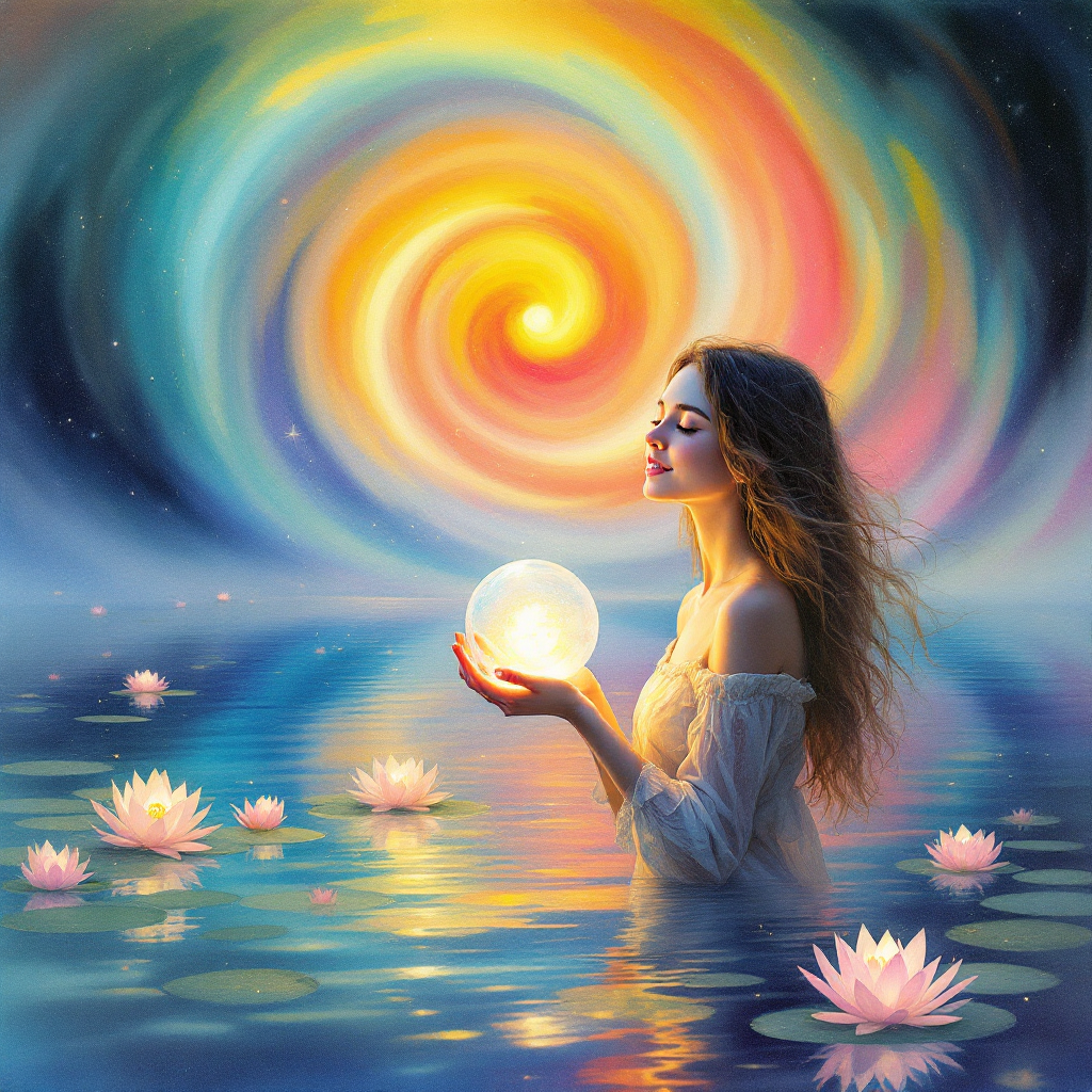 A serene woman in a glowing swirl of colors cradles a luminous orb while surrounded by blooming water lilies, embodying the power of dreams over reality.