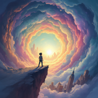 A figure stands on a rocky ledge, gazing into a swirling, colorful vortex of clouds that leads to a bright light, symbolizing the thin veil of reality over deeper mysteries.