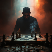 A contemplative figure stares intensely at a chessboard surrounded by smoky shadows, embodying the quote: If you want to win, you have to be willing to lose everything.