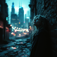A figure leans against a dark alley wall, gazing upward with a distant expression, surrounded by a glowing, blurred cityscape that evokes dreams, secrets, lies, and hidden conspiracies.