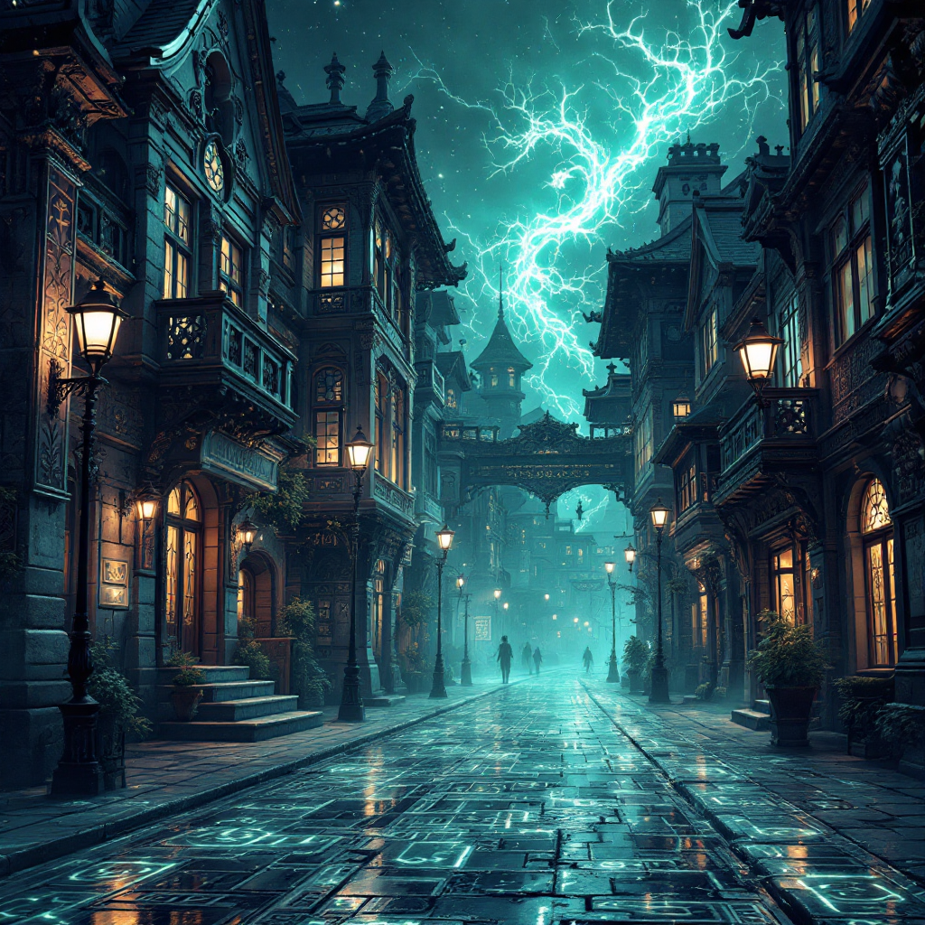 A foggy, narrow street lined with dark, ornate buildings under a dramatic sky filled with lightning, capturing the essence of a living, evolving language as described in Embassytown.