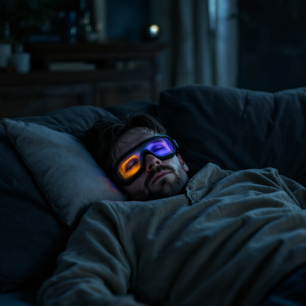 A man lies on a couch, eyes shut, wearing colorful sleep goggles. The dimly lit room hints at a sense of solitude and lingering grief in the absence of his partner.