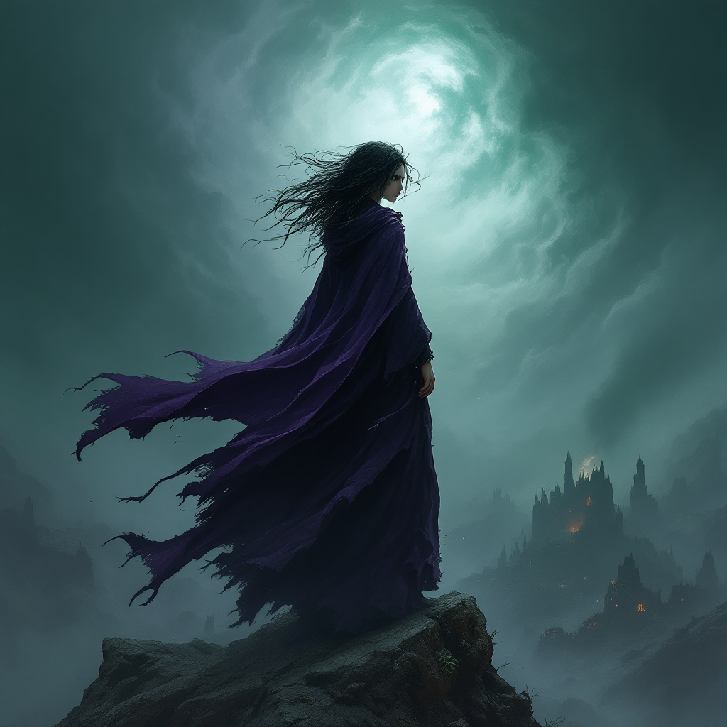 A figure in a flowing purple cloak stands on a rocky outcrop, gazing into a stormy sky, embodying resilience and the quest for one's own path amidst chaos.