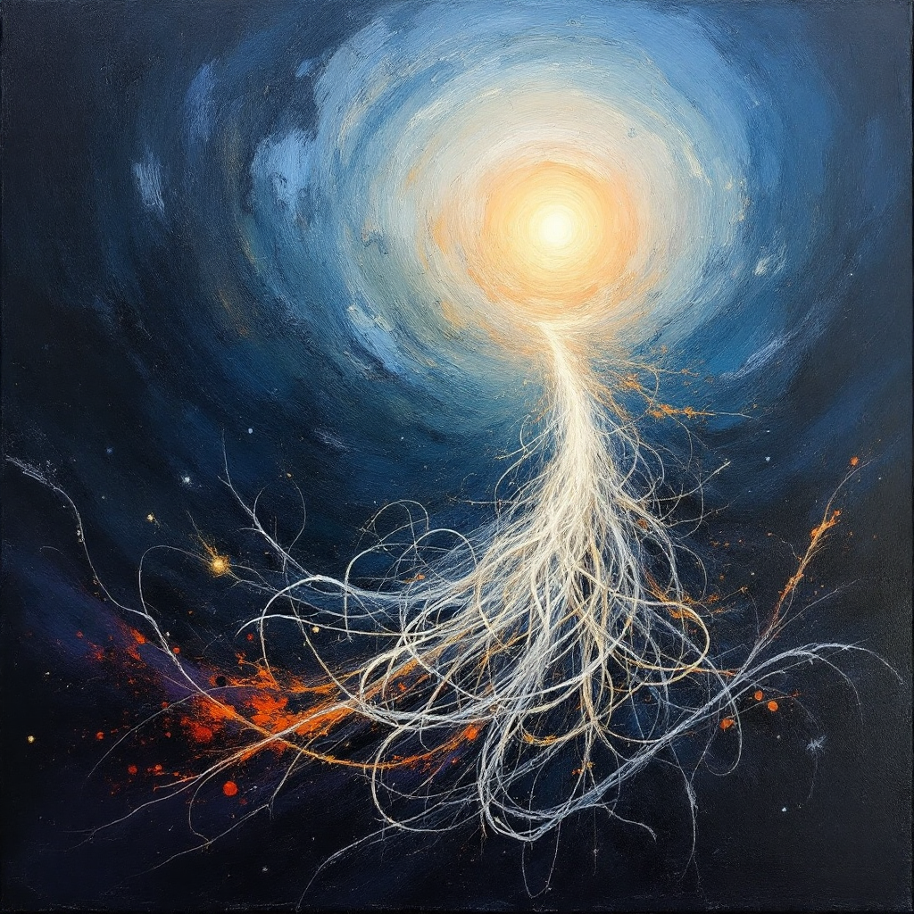 An abstract painting depicting a bright sun ascending from dark swirling clouds, with intricate white tendrils radiating outward, symbolizing hope and possibility amidst uncertainty.