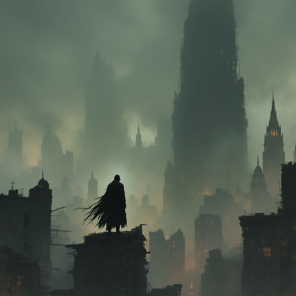 A mysterious figure in a dark cloak stands atop a crumbling building, gazing over a shadowy, layered cityscape shrouded in fog, evoking themes of hidden truths and realities.