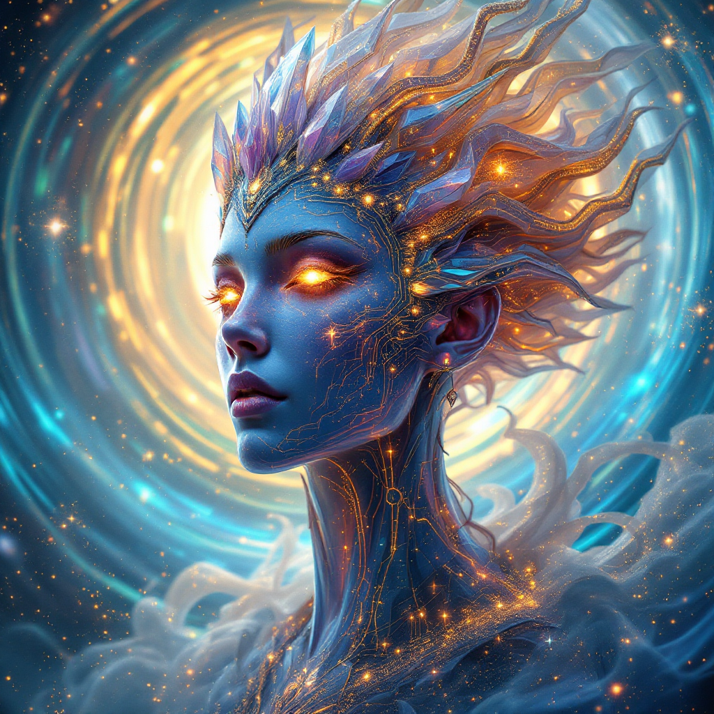 A futuristic figure with luminous, swirling hair and glowing eyes, surrounded by cosmic elements, embodies the essence of a celestial messenger exploring the universe's possibilities.