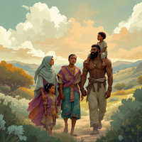 A diverse family walks together along a scenic path, symbolizing unity in Zikola, with vibrant clothing reflecting their unique differences and a shared bond.