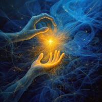 Two ethereal hands reach towards a glowing golden light amid swirling blue energy, embodying the concept of reality as a tapestry of possibility and interconnected moments.