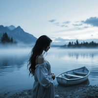 A contemplative woman in a flowing dress stands by a misty lake, gazing at the water. A small boat rests nearby, surrounded by serene mountains under a soft blue sky.