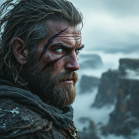 A rugged warrior with a fierce expression gazes into the distance, scars etched on his face, embodying the quote about strength found in stories told by scars.