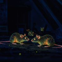 Two glowing, hyper-intelligent mice interact in a dimly lit space, surrounded by other illuminated mice, hinting at their vast, multidimensional nature.