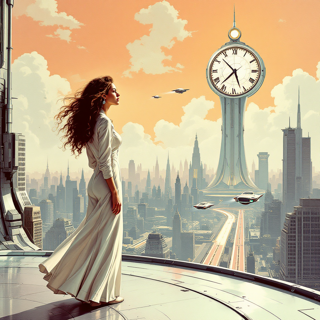 A woman in a flowing white dress stands on a rooftop, gazing towards a towering clock in a futuristic city, embodying the quote, Life is what happens while you’re making other plans.