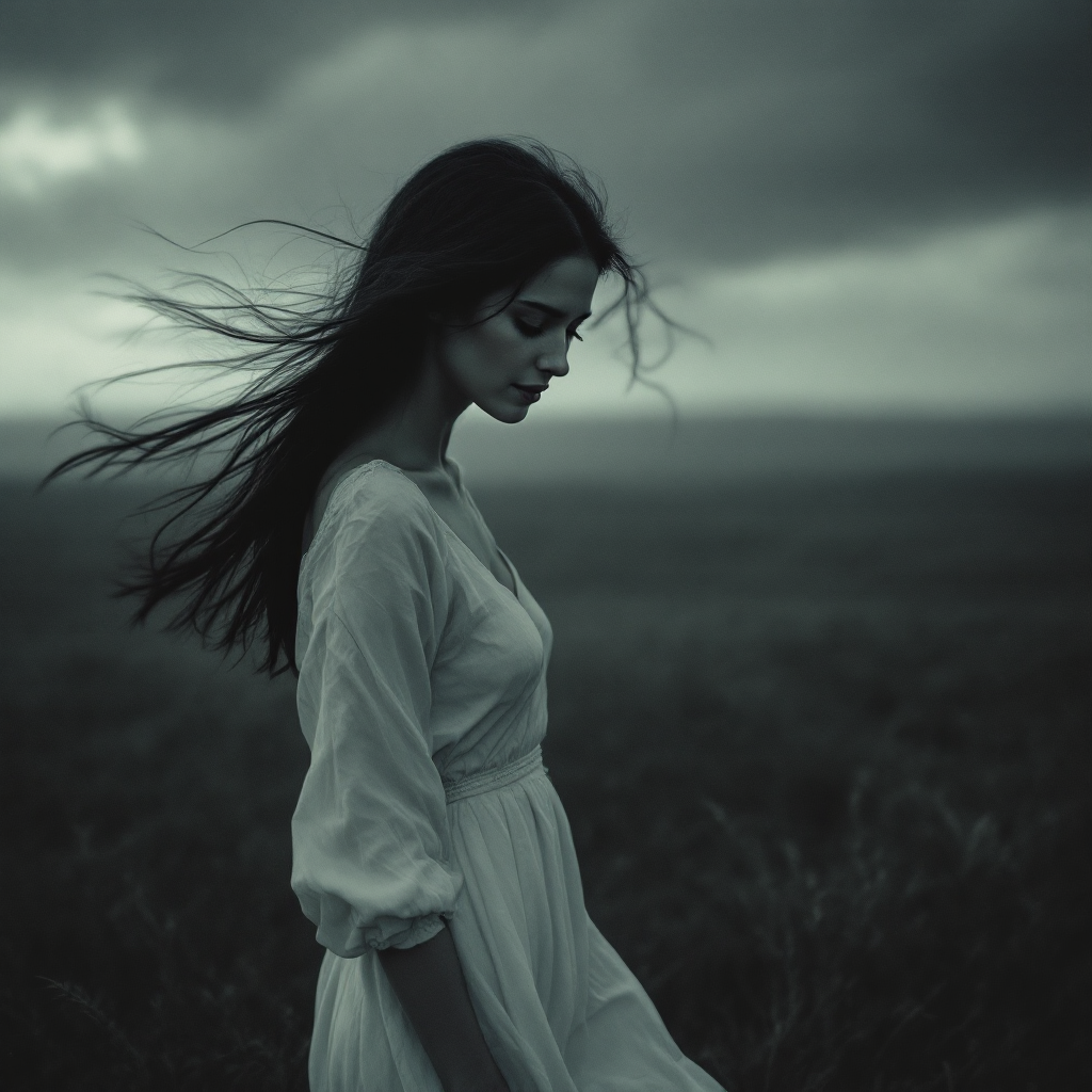 A woman in a flowing white dress stands in a windswept field, gazing downward, embodying the essence of transformation and the journey of becoming, against a moody sky.