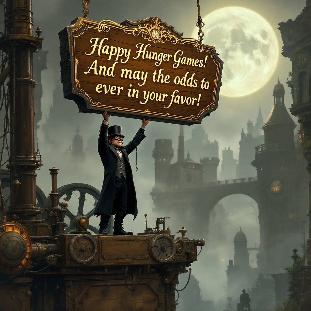 A man in a top hat stands on a steampunk-inspired platform, holding a sign reading Happy Hunger Games! And may the odds be ever in your favor! against a moonlit, gothic backdrop.