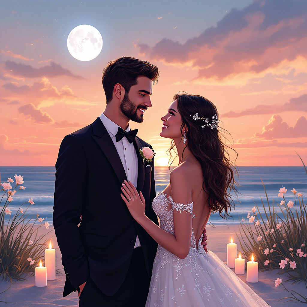 A couple stands on a beach at sunset, gazing into each other’s eyes, surrounded by candles and flowers, evoking the promise of companionship from the quote, I will be with you on your wedding night!