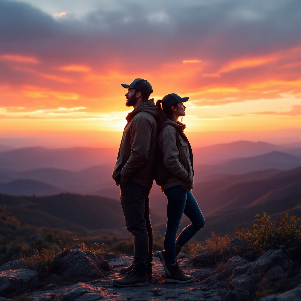 A confident couple stands back-to-back on a mountain ridge at sunset, symbolizing unity and courage. Vibrant hues illuminate the sky, reflecting their strength to face challenges together.