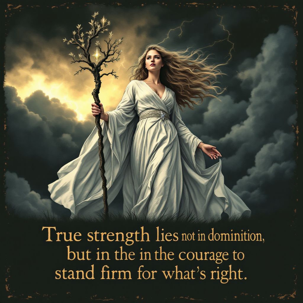 A woman in a flowing white dress stands confidently, holding a staff with a branch. Dark clouds loom behind her, embodying the quote about true strength and courage.