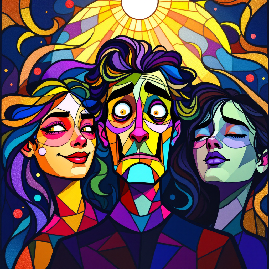 A vivid, abstract illustration features three figures with exaggerated expressions, embodying the quote We are all more or less mad, set against a bright, swirling background.