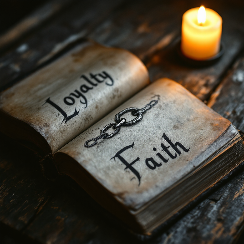 An open, weathered book lies on a wooden surface, featuring the words Loyalty and Faith alongside a chain illustration. A softly glowing candle illuminates the scene.