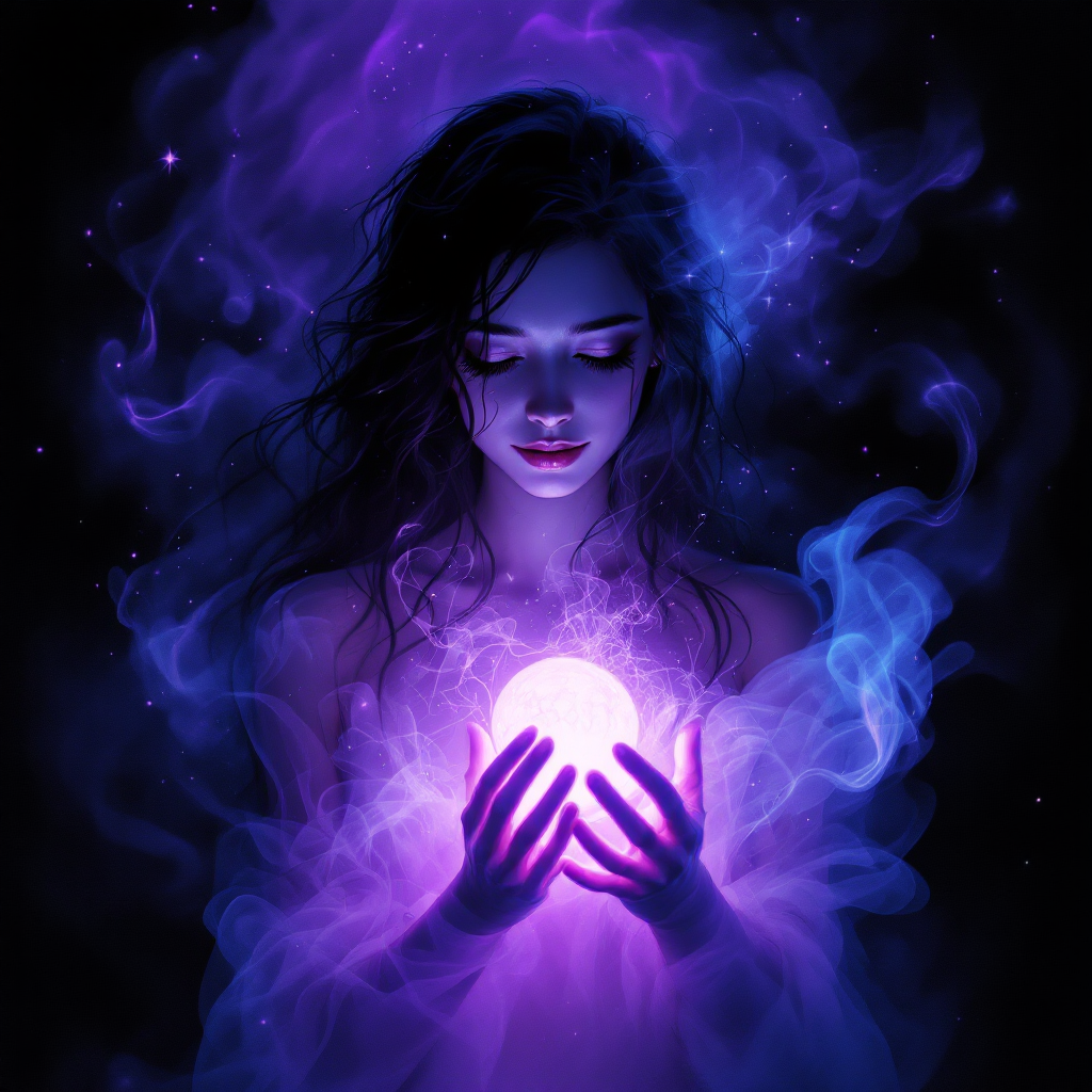 A woman with flowing dark hair holds a glowing orb surrounded by swirling purple mist, embodying themes of brokenness and healing, and an enduring connection to love.