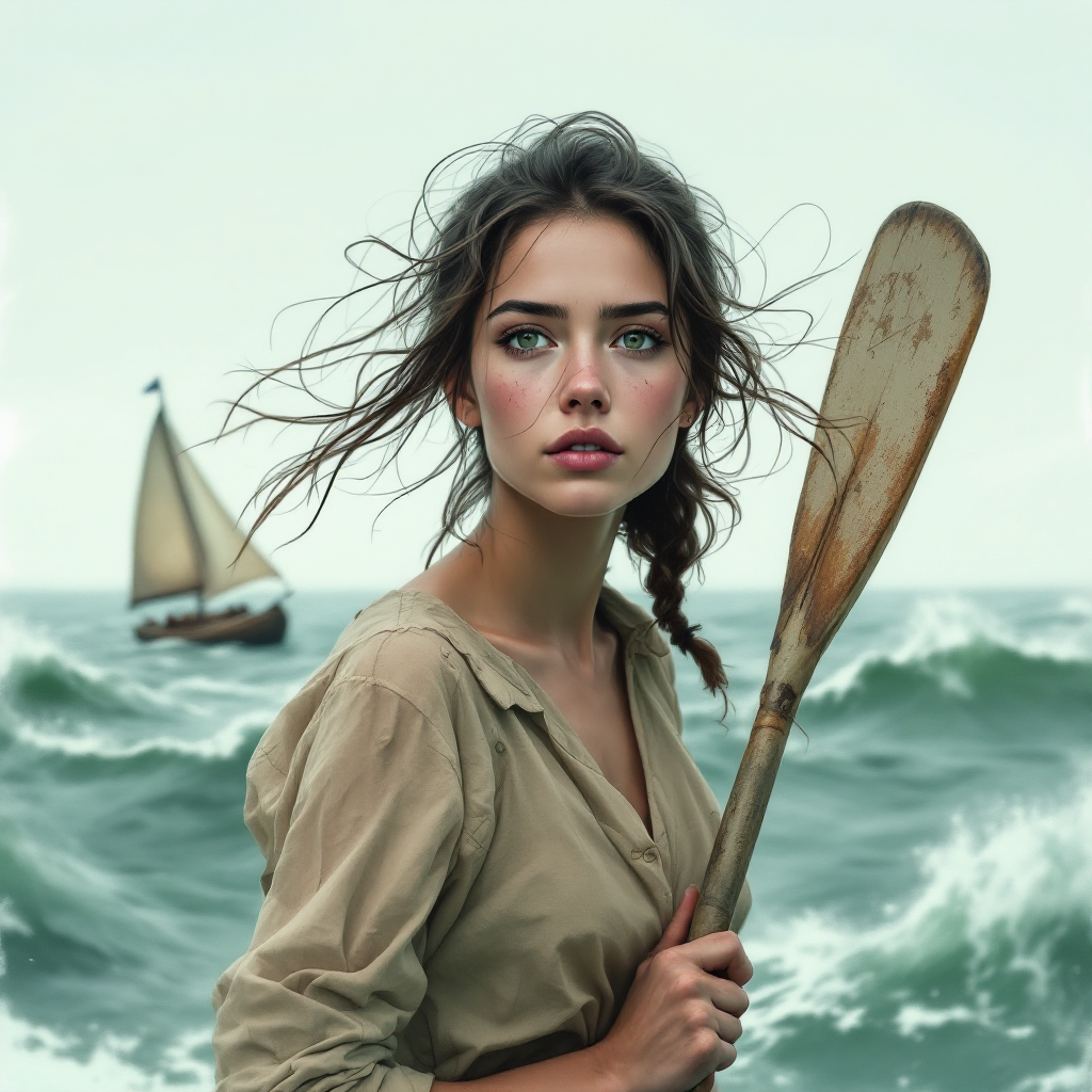 A determined young woman stands in turbulent waves, holding a wooden oar, embodying true courage amidst uncertainty, with a sailboat visible in the background.