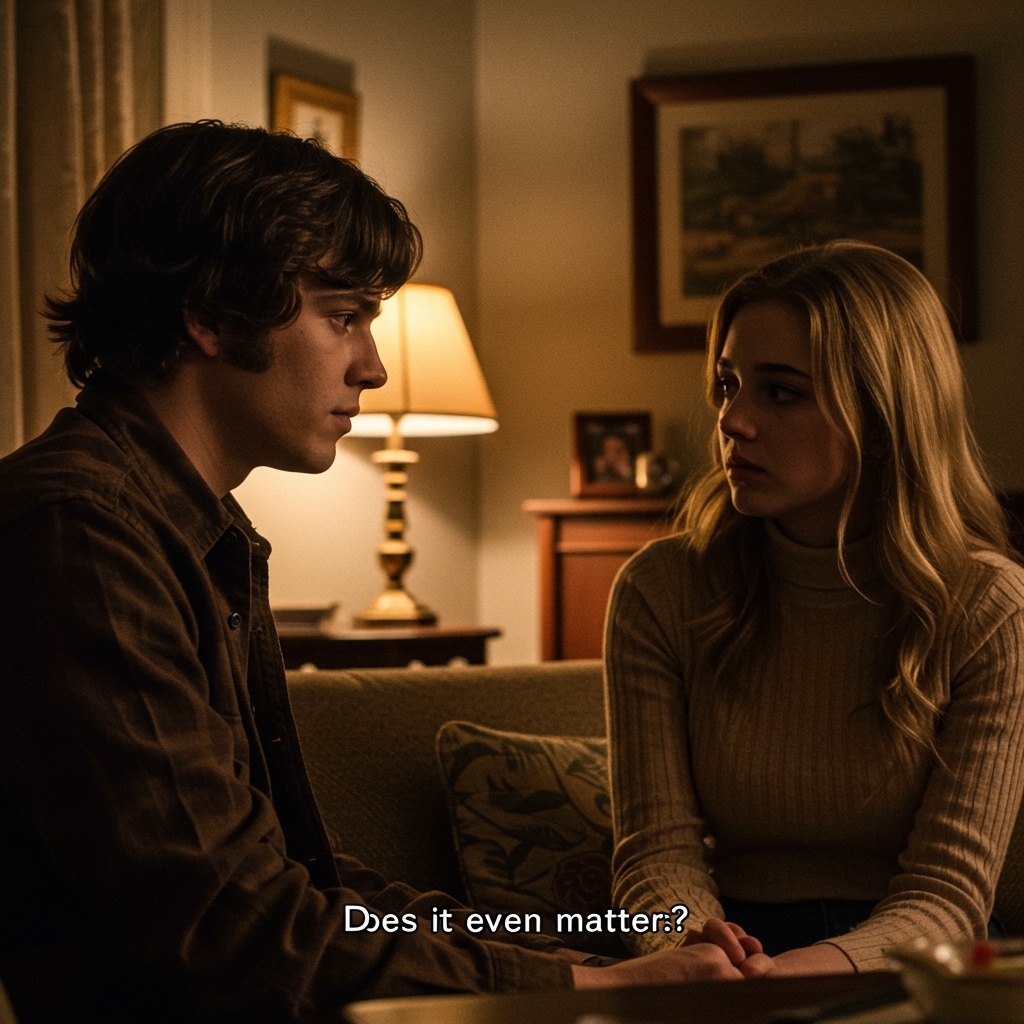 A young man and woman sit closely in a warmly lit room, their expressions serious and uncertain, capturing the tension of whether their interaction will deepen or damage their friendship.