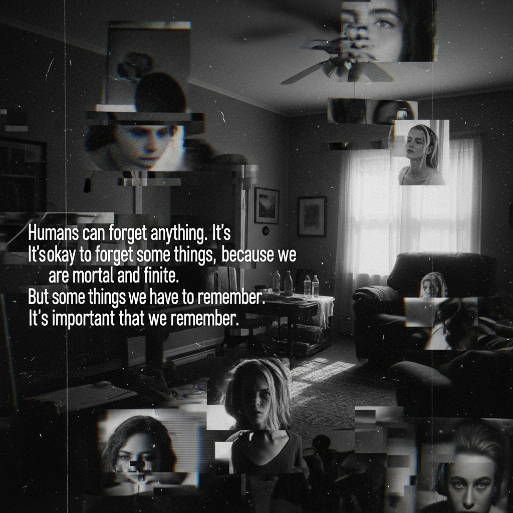A dimly lit room with floating translucent portraits of faces, symbolizing memory and the importance of remembering amidst human forgetfulness and mortality.