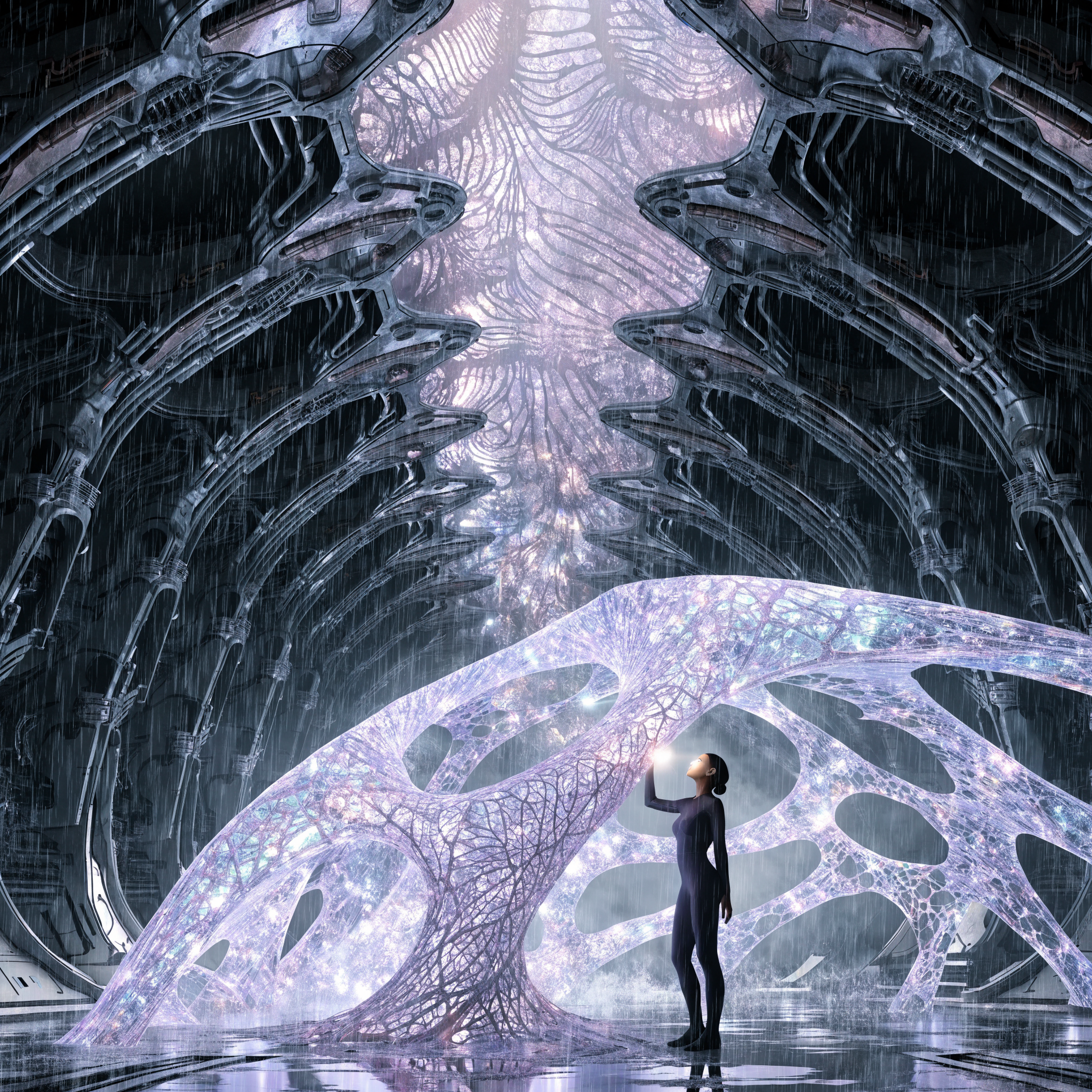 A vast ship interior reveals a bioluminescent crystalline spine stretching overhead, its glassy, metallic, jewel-like facets shifting organically beneath pleated ceiling panels.