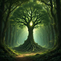 A majestic tree stands at the center of a lush forest, its expansive branches reaching towards a soft, radiant light filtering through the canopy, symbolizing interconnectedness and wisdom.