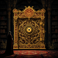 An ornate golden door stands in a grand library, intricate patterns glowing softly, symbolizing the mystery of The Emperor's Secret that must be protected.