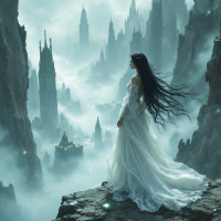 A woman in a flowing white dress stands on a rocky precipice, gazing into a misty, ethereal landscape of towering spires, symbolizing the complex choices and risks women face.