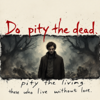 A dark, haunting image featuring a figure standing amidst ominous trees, with the quote about pitying the living and those without love prominently displayed above and below.